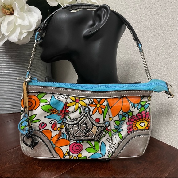 Baby Phat Handbags - Vintage Baby Phat Floral Cosmetic Bag White Orange Yellow Blue Silver Detail